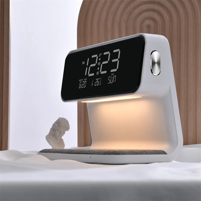 Creative 3 In 1 Bedside Lamp Wireless Charging LCD Screen Alarm Clock Wireless Phone Charger For Iphone Smart Alarm Clock Lamp